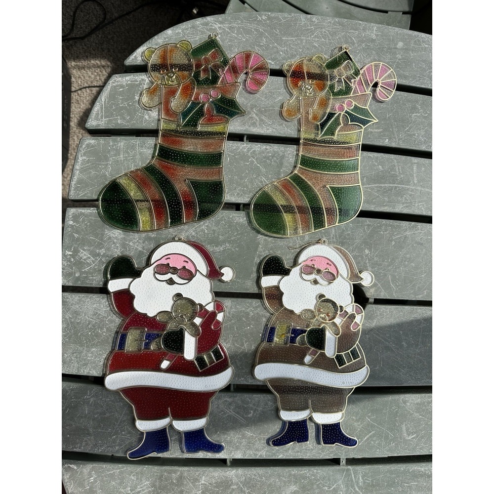 VTG J.S.N.Y. Stainglass‎ Christmas 10" Suncatchers Santa, Stocking Plastic